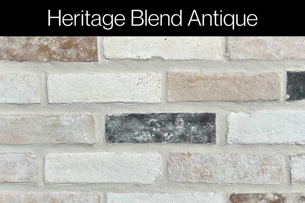 Neutral blend of white, beige, gray, and charcoal tones in a distressed antique brick finish for versatile use.