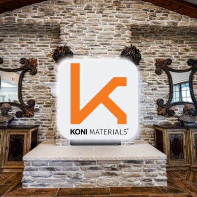 KONI MATERIALS logo displayed on a glowing square sign in a stone-walled lounge with mirrors and busts behind it.